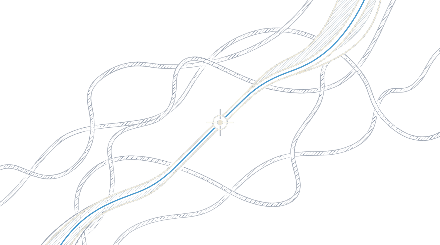 An engraved illustration of many faint paths resolving into one clear measured route.